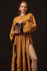 Barrel Sleeve Crop Top-Mustard